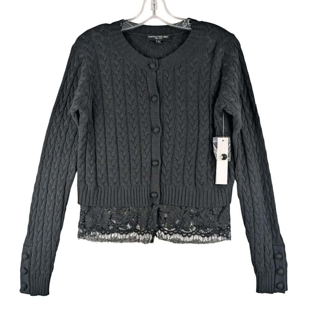 Central Park West Sweater Womens Medium Black Lace Trimmed Buttoned Cardigan NWT - Picture 1 of 7
